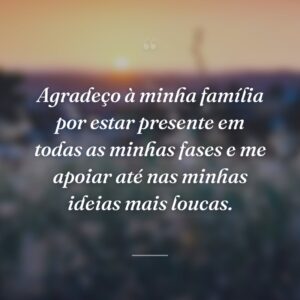 Agradeço à minha família por estar presente em todas as minhas fases e me apoiar até nas minhas ideias mais loucas.