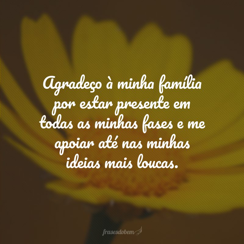 Agradeço à minha família por estar presente em todas as minhas fases e me apoiar até nas minhas ideias mais loucas.