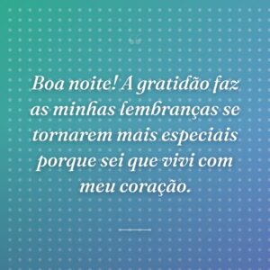 Boa noite! A gratidão faz as minhas lembranças se tornarem mais especiais porque sei que vivi com meu coração.