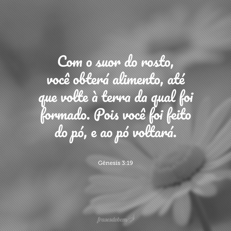 Com o suor do rosto, você obterá alimento, até que volte à terra da qual foi formado. Pois você foi feito do pó, e ao pó voltará.