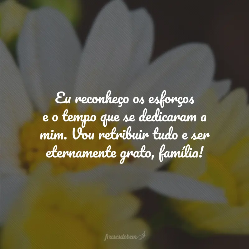 Eu reconheço os esforços e o tempo que se dedicaram a mim. Vou retribuir tudo e ser eternamente grato, família!