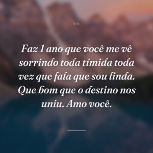 Faz 1 ano que você me vê sorrindo toda tímida toda vez que fala que sou linda. Que bom que o destino nos uniu. Amo você.