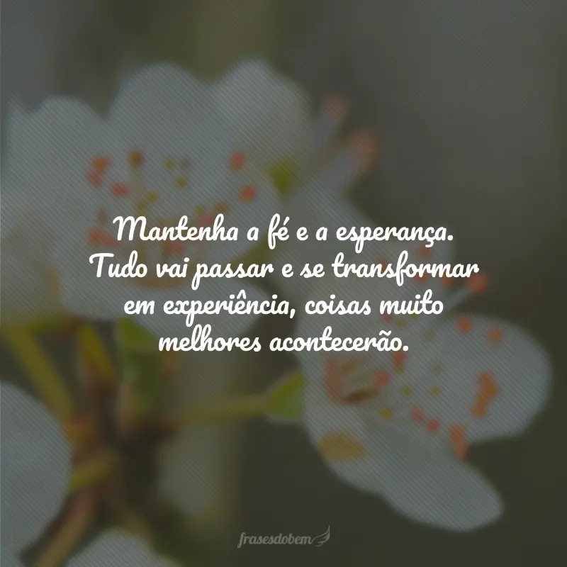 Mantenha a fé e a esperança. Tudo vai passar e se transformar em experiência, coisas muito melhores acontecerão.