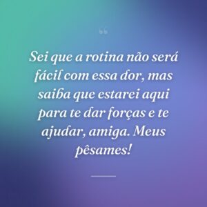Sei que a rotina não será fácil com essa dor, mas saiba que estarei aqui para te dar forças e te ajudar, amiga. Meus pêsames!