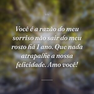 Você é a razão do meu sorriso não sair do meu rosto há 1 ano. Que nada atrapalhe a nossa felicidade. Amo você!