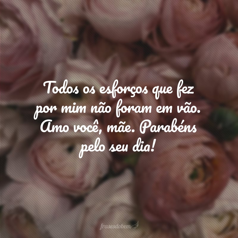 Todos os esforços que fez por mim não foram em vão. Amo você, mãe. Parabéns pelo seu dia!