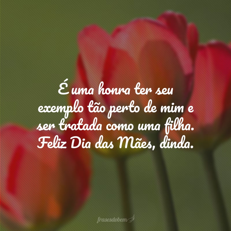 É uma honra ter seu exemplo tão perto de mim e ser tratada como uma filha. Feliz Dia das Mães, dinda.