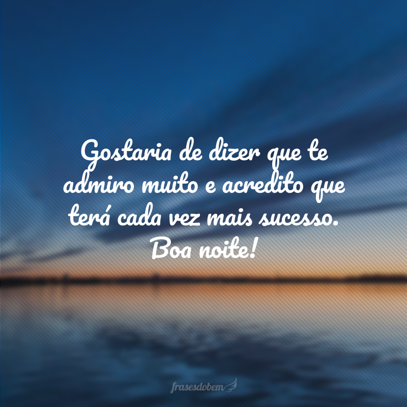 Gostaria de dizer que te admiro muito e acredito que terá cada vez mais sucesso. Boa noite!