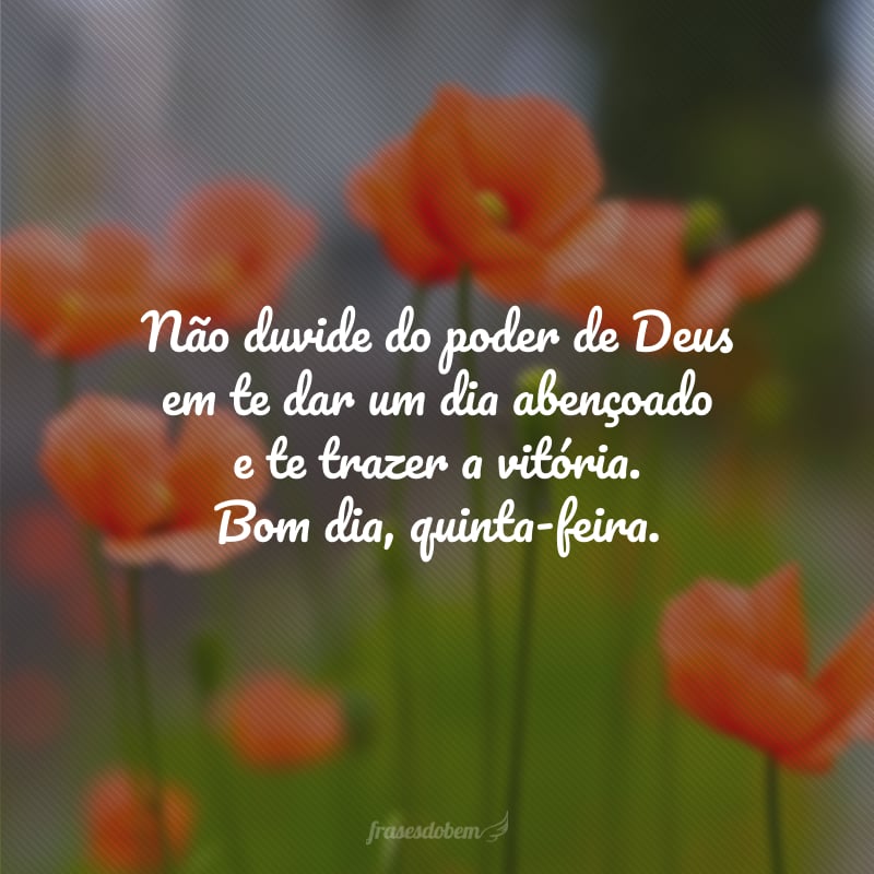 Não duvide do poder de Deus em te dar um dia abençoado e te trazer a vitória. Bom dia, quinta-feira.