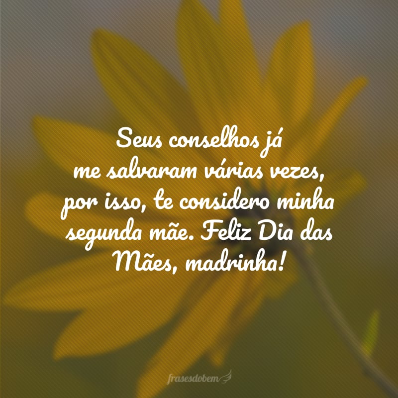 Seus conselhos já me salvaram várias vezes, por isso, te considero minha segunda mãe. Feliz Dia das Mães, madrinha!