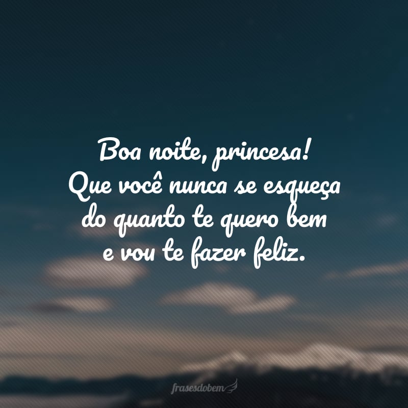 Boa noite, princesa! Que você nunca se esqueça do quanto te quero bem e vou te fazer feliz.