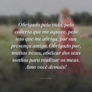 Obrigado pela vida, pela coberta que me aquece, pelo teto que me abriga, por sua presença amiga. Obrigado por, muitas vezes, abdicar dos seus sonhos para realizar os meus. Amo você demais!