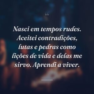 Nasci em tempos rudes. Aceitei contradições, lutas e pedras como lições de vida e delas me sirvo. Aprendi a viver.