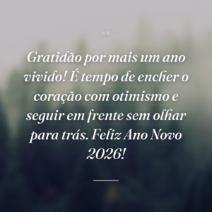 Gratidão por mais um ano vivido! É tempo de encher o coração com otimismo e seguir em frente sem olhar para trás. Feliz Ano Novo 2026!