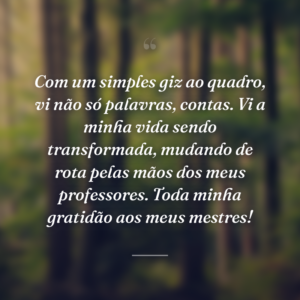 Com um simples giz ao quadro, vi não só palavras, contas. Vi a minha vida sendo transformada, mudando de rota pelas mãos dos meus professores. Toda minha gratidão aos meus mestres!