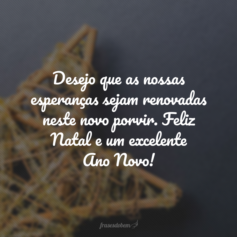 Desejo que as nossas esperanças sejam renovadas neste novo porvir. Feliz Natal e um excelente Ano Novo! 