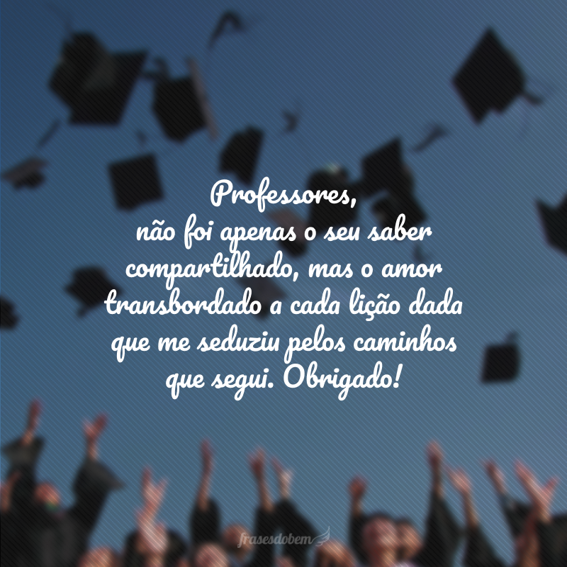 Professores, não foi apenas o seu conhecimento compartilhado, mas o amor transbordado a cada lição dada que me seduziu pelos caminhos que segui. Obrigado!