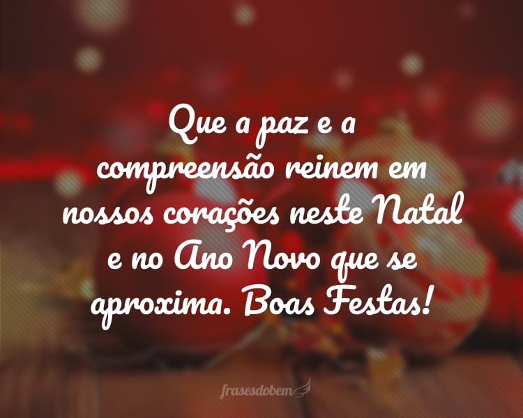 Que a paz e a compreensão reinem em nossos corações neste Natal e no Ano Novo que se aproxima. Boas Festas!