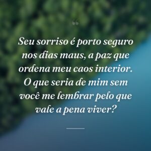 Seu sorriso é porto seguro nos dias maus, a paz que ordena meu caos interior. O que seria de mim sem você me lembrar pelo que vale a pena viver?