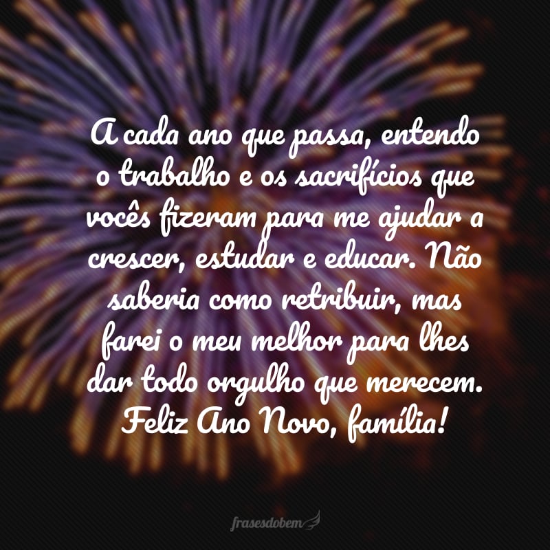 A cada ano que passa, entendo o trabalho e os sacrifícios que vocês fizeram para me ajudar a crescer, estudar e educar. Não saberia como retribuir, mas farei o meu melhor para lhes dar todo orgulho que merecem. Feliz Ano Novo, família!