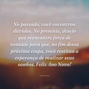 No passado, você encontrou dúvidas. No presente, desejo que reencontre força de vontade para que, no fim dessa próxima etapa, você restitua a esperança de realizar seus sonhos. Feliz Ano Novo!
