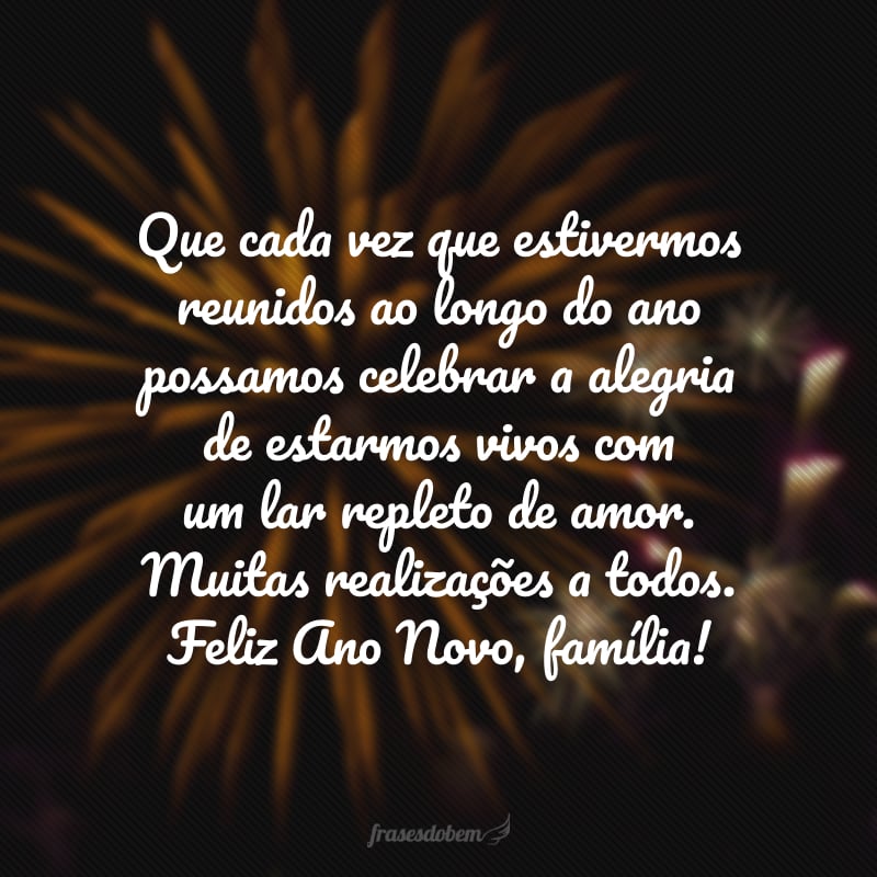 Que cada vez que estivermos reunidos ao longo do ano possamos celebrar a alegria de estarmos vivos com um lar repleto de amor. Muitas realizações a todos. Feliz Ano Novo, família!