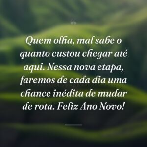 Quem olha, mal sabe o quanto custou chegar até aqui. Nessa nova etapa, faremos de cada dia uma chance inédita de mudar de rota. Feliz Ano Novo!
