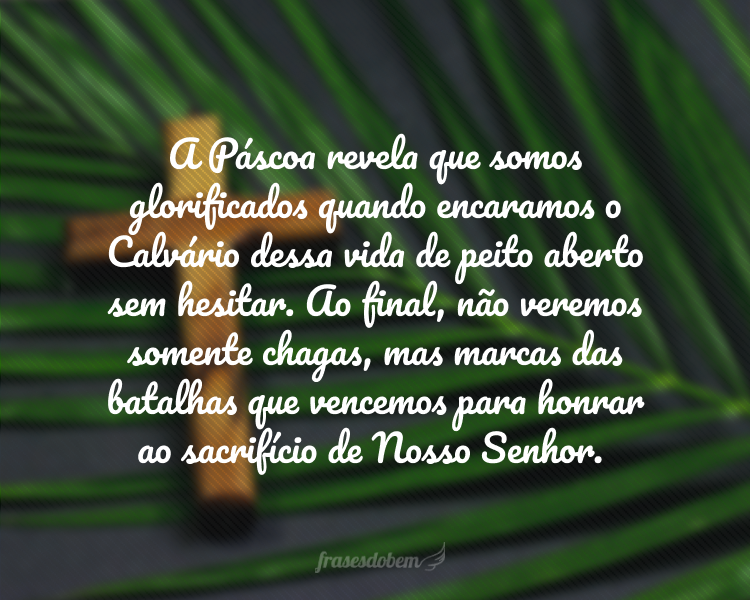 A Páscoa revela que somos glorificados quando encaramos o Calvário dessa vida de peito aberto sem hesitar. Ao final, não veremos somente chagas, mas marcas das batalhas que vencemos para honrar ao sacrifício de Nosso Senhor.