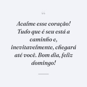 Acalme esse coração! Tudo que é seu está a caminho e, inevitavelmente, chegará até você. Bom dia, feliz domingo!