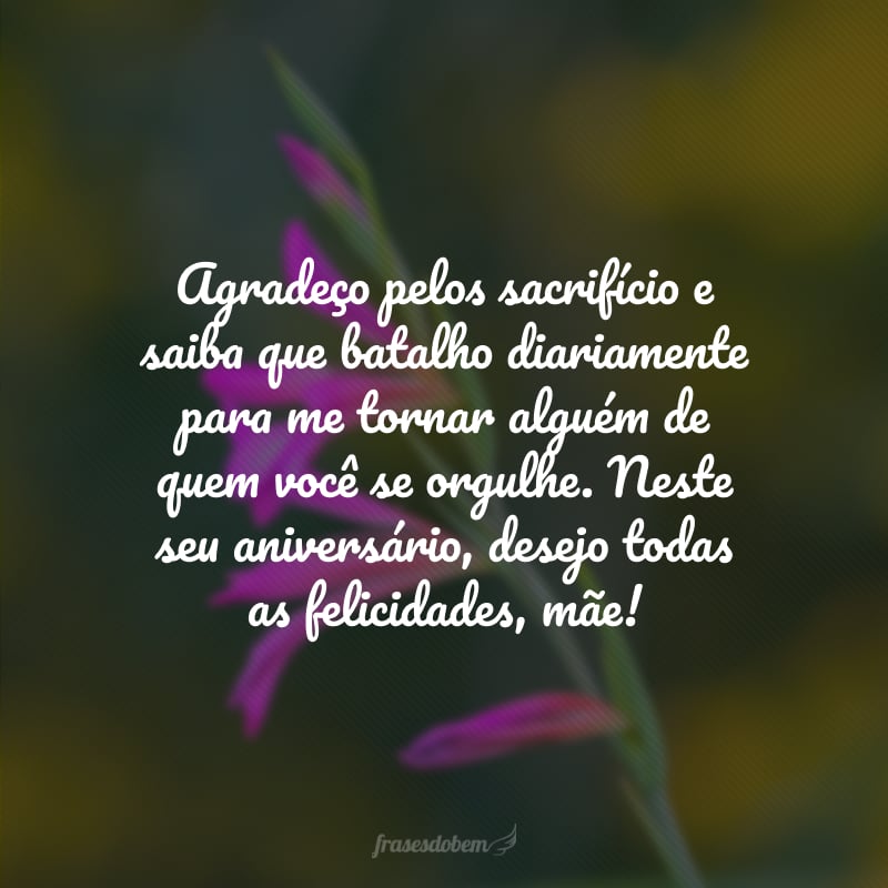 Agradeço pelos sacrifício e saiba que batalho diariamente para me tornar alguém de quem você se orgulhe. Neste seu aniversário, desejo todas as felicidades, mãe!