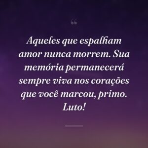 Aqueles que espalham amor nunca morrem. Sua memória permanecerá sempre viva nos corações que você marcou, primo. Luto!