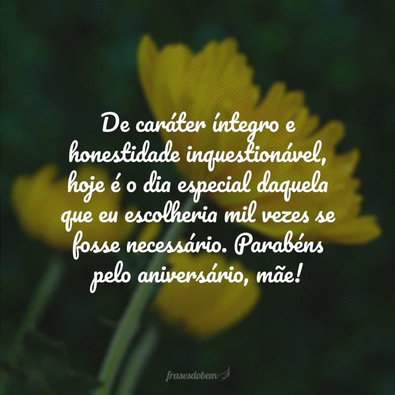 De caráter íntegro e honestidade inquestionável, hoje é o dia especial daquela que eu escolheria mil vezes se fosse necessário. Parabéns pelo aniversário, mãe!