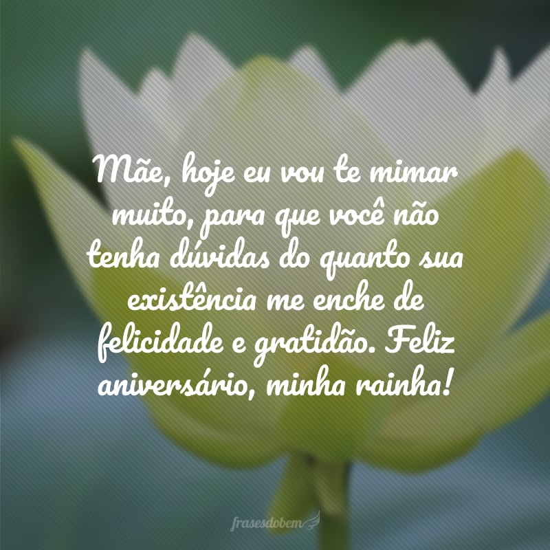 Mãe, hoje eu vou te mimar muito, para que você não tenha dúvidas do quanto sua existência me enche de felicidade e gratidão. Feliz aniversário, minha rainha!