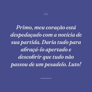 Primo, meu coração está despedaçado com a notícia de sua partida. Daria tudo para abraçá-lo apertado e descobrir que tudo não passou de um pesadelo. Luto!