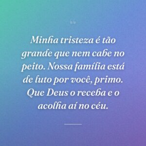 Minha tristeza é tão grande que nem cabe no peito. Nossa família está de luto por você, primo. Que Deus o receba e o acolha aí no céu.