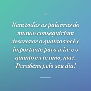 Nem todas as palavras do mundo conseguiriam descrever o quanto você é importante para mim e o quanto eu te amo, mãe. Parabéns pelo seu dia!