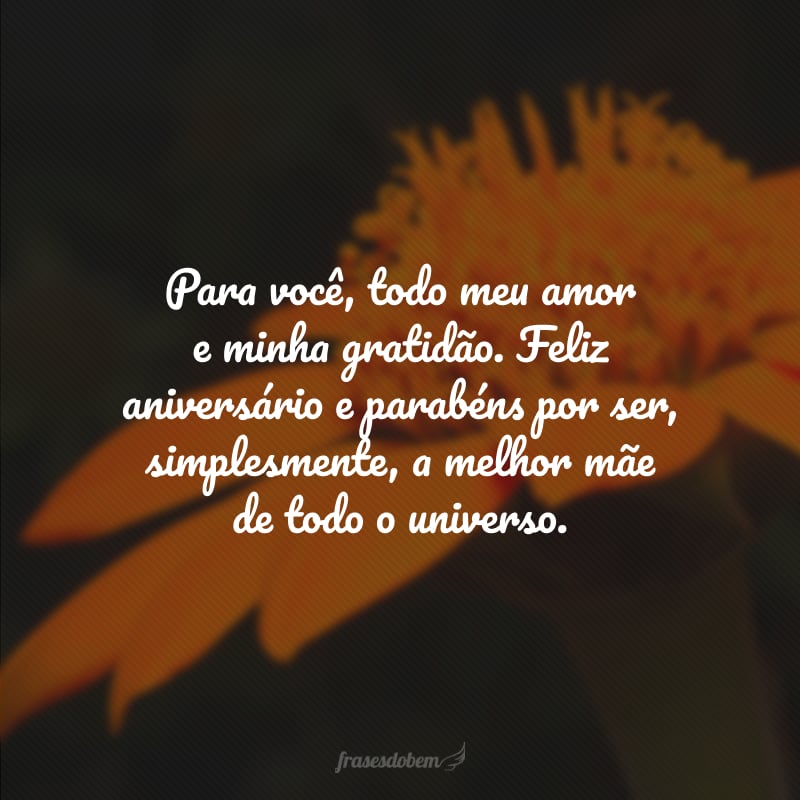 Para você, todo meu amor e minha gratidão. Feliz aniversário e parabéns por ser, simplesmente, a melhor mãe de todo o universo.