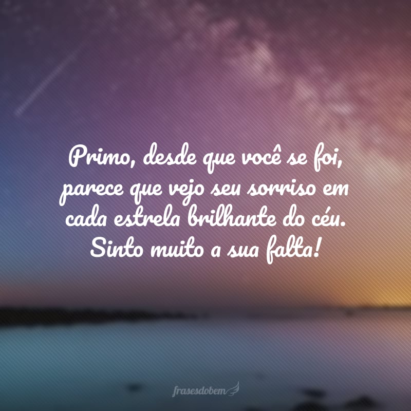 Primo, desde que você se foi, parece que vejo seu sorriso em cada estrela brilhante do céu. Sinto muito a sua falta!