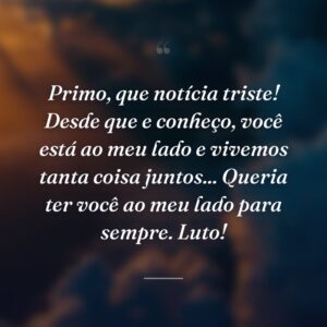 Primo, que notícia triste! Desde que e conheço, você está ao meu lado e vivemos tanta coisa juntos... Queria ter você ao meu lado para sempre. Luto!