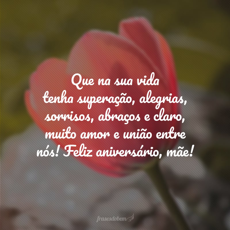 Que na sua vida tenha superação, alegrias, sorrisos, abraços e claro, muito amor e união entre nós! Feliz aniversário, mãe!