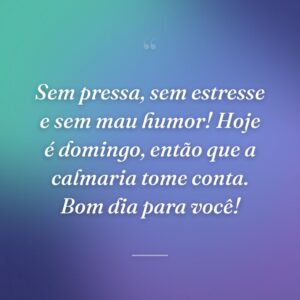 Sem pressa, sem estresse e sem mau humor! Hoje é domingo, então que a calmaria tome conta. Bom dia para você!
