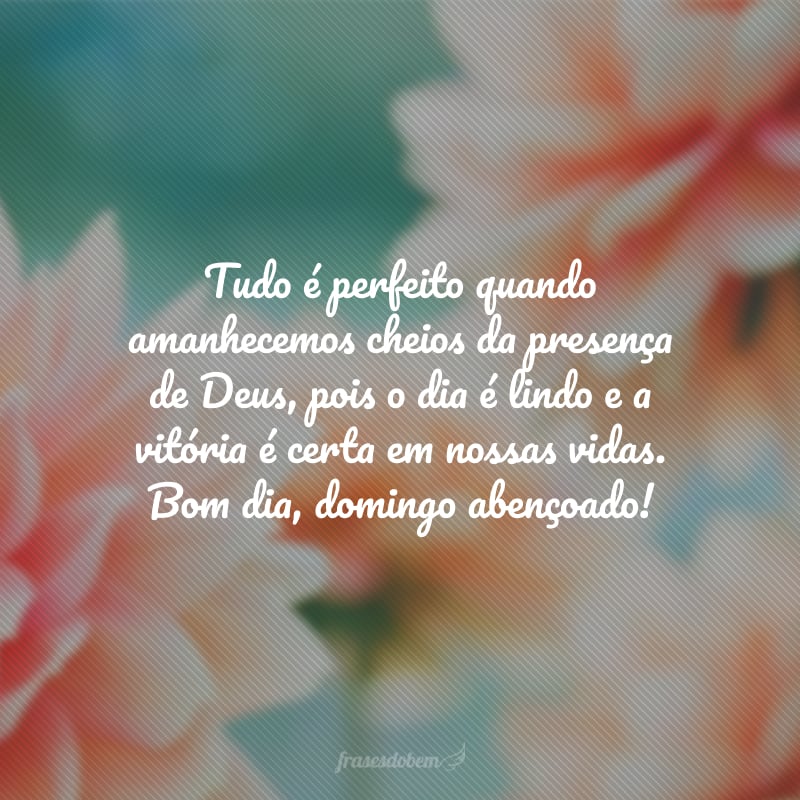 Tudo é perfeito quando amanhecemos cheios da presença de Deus, pois o dia é lindo e a vitória é certa em nossas vidas. Bom dia, domingo abençoado!