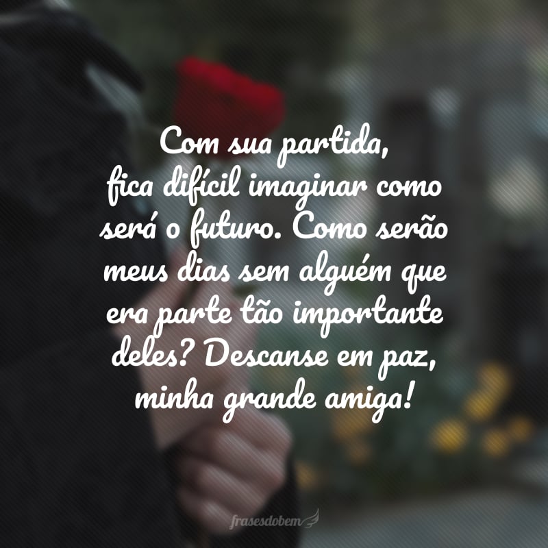 Com sua partida, fica difícil imaginar como será o futuro. Como serão meus dias sem alguém que era parte tão importante deles? Descanse em paz, minha grande amiga!