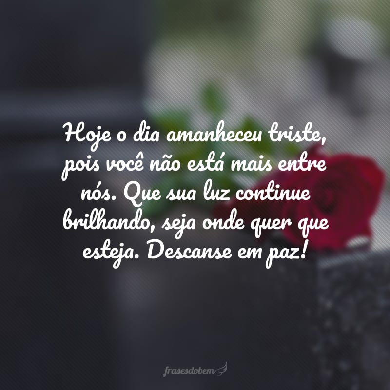 Hoje o dia amanheceu triste, pois você não está mais entre nós. Que sua luz continue brilhando, seja onde quer que esteja. Descanse em paz!