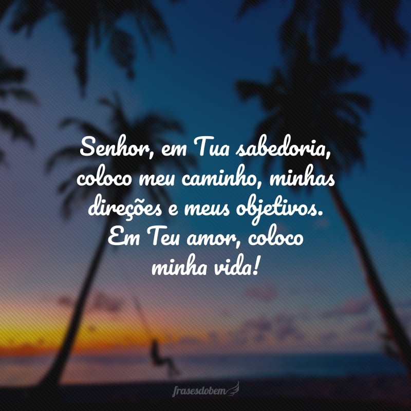 Senhor, em Tuas mãos coloco minhas preocupações, cuidados e problemas. Em Tua sabedoria coloco meu caminho, minhas direções e meus objetivos. Em Teu amor, coloco minha vida!