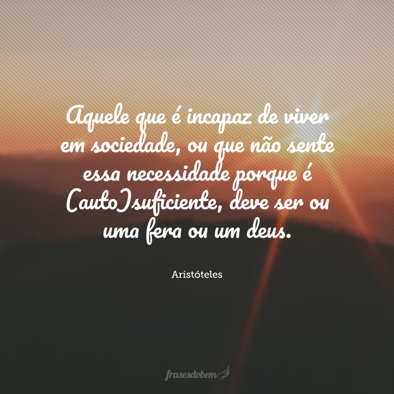 Aquele que é incapaz de viver em sociedade, ou que não sente essa necessidade porque é (auto)suficiente, deve ser ou uma fera ou um deus.