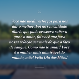 Você não mediu esforços para nos dar o melhor. Foi no seu cuidado diário que pude crescer e saber o que é o amor, foi você que fez a nossa relação ser mais do que o laço de sangue. Como não te amar? Você é a mulher mais admirável do mundo, mãe! Feliz Dia das Mães!
