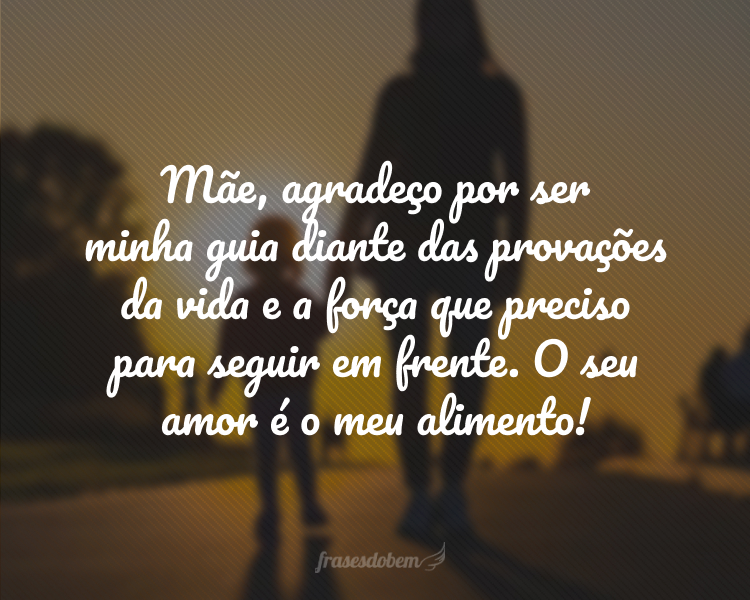 Mãe, agradeço por ser minha guia diante das provações da vida e a força que preciso para seguir em frente. O seu amor é o meu alimento!