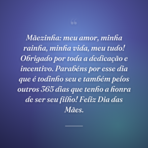 Mãezinha: meu amor, minha rainha, minha vida, meu tudo! Obrigado por toda a dedicação e incentivo. Parabéns por esse dia que é todinho seu e também pelos outros 365 dias que tenho a honra de ser seu filho! Feliz Dia das Mães.