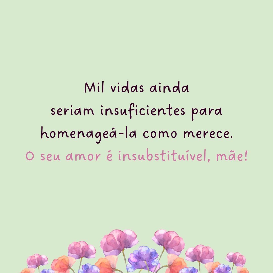 Mil vidas ainda seriam insuficientes para homenageá-la como merece. O seu amor é insubstituível, mãe!